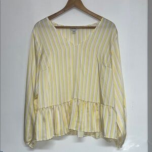 Nine West Sz XXL Peplum Satin Blouse Yellow, Striped, Flowy, Business Casual